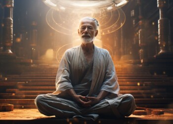 Senior Meditating in the future with help of AI