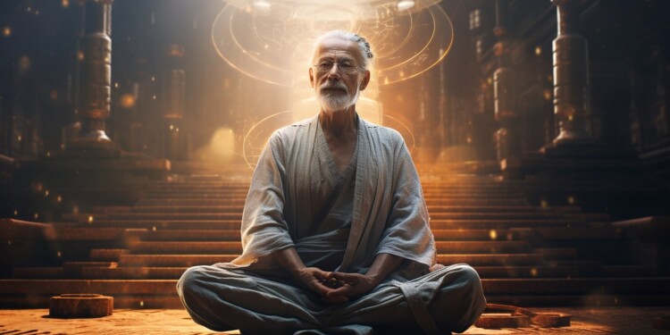 Senior Meditating in the future with help of AI